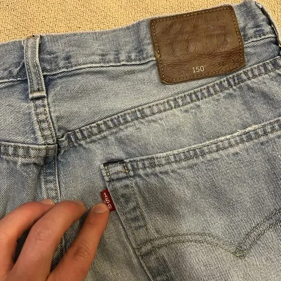 Levis 501 150th Anniversary Selvedge Distressed Patchwork Lightwash Jeans 34x34